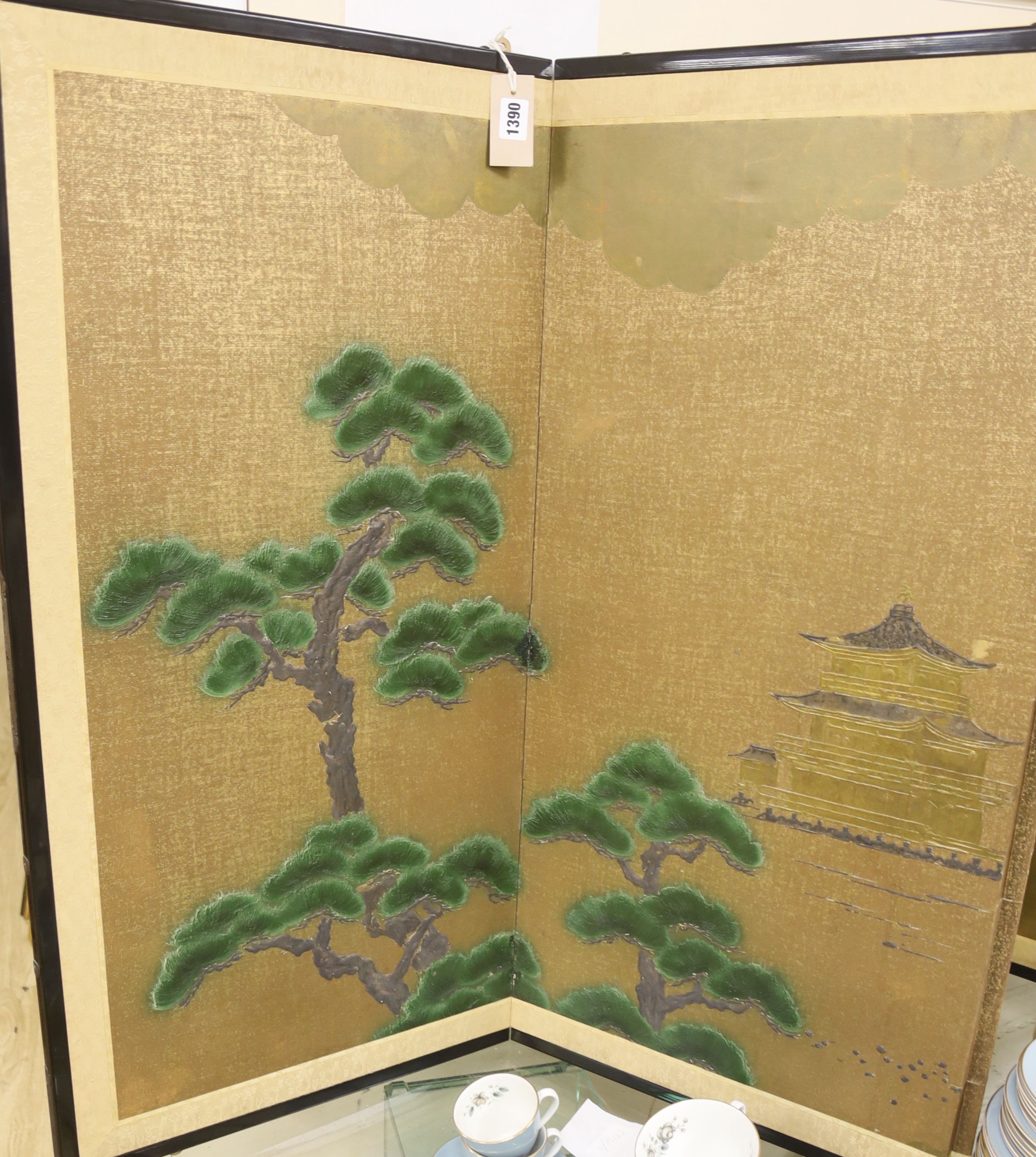 A Japanese four-fold screen, gold ground,